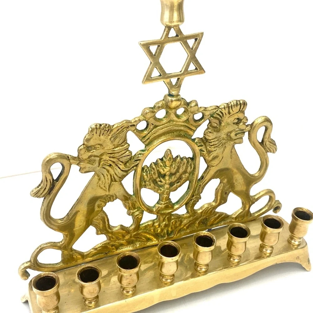 Vintage Lions of Judea Menorah Solid Brass Eastern European, c. 1900